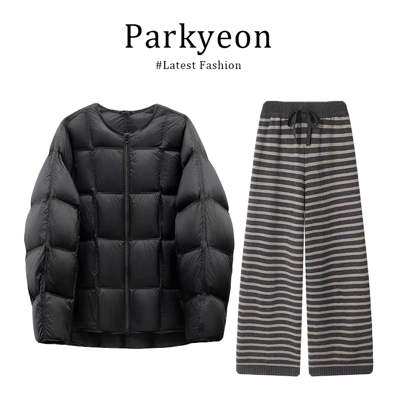 INS CEC秋冬新款高级感宽松圆领棉服外套抽绳条纹阔腿休闲裤套装