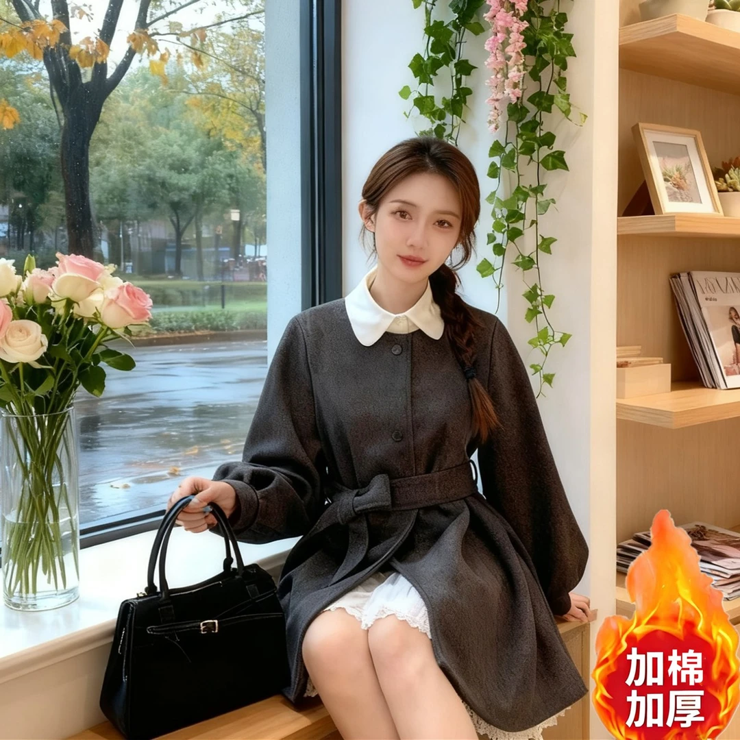 【有运补】秋冬夹棉加厚毛呢外套女小个子系带大码宽松灯笼袖风衣裙