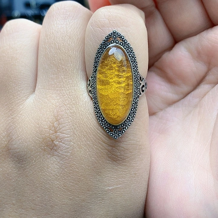 琥珀裸石银S925镶嵌戒指