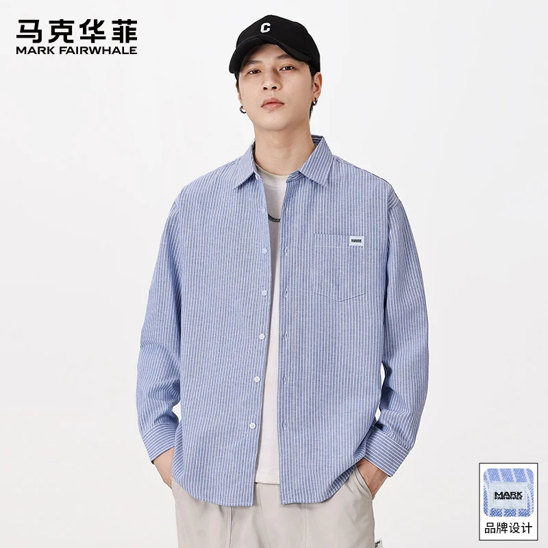 马克华菲秋季美式条纹长袖衬衫男士新款宽松百搭翻领休闲上衣外套
