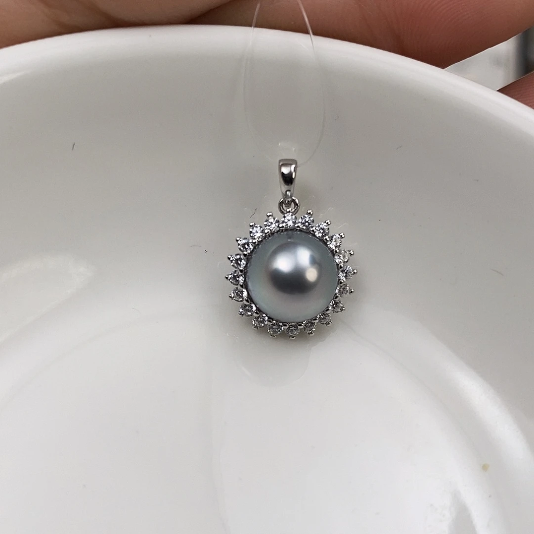 银S925镶嵌海水珍珠吊坠(不含链)大溪地9-10