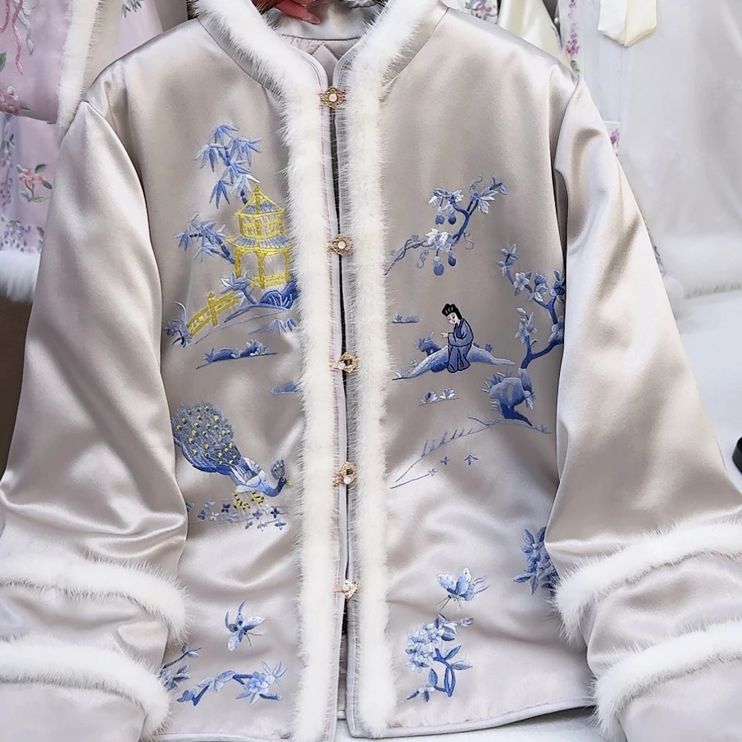 织绣真丝灰色人物绣 棉服