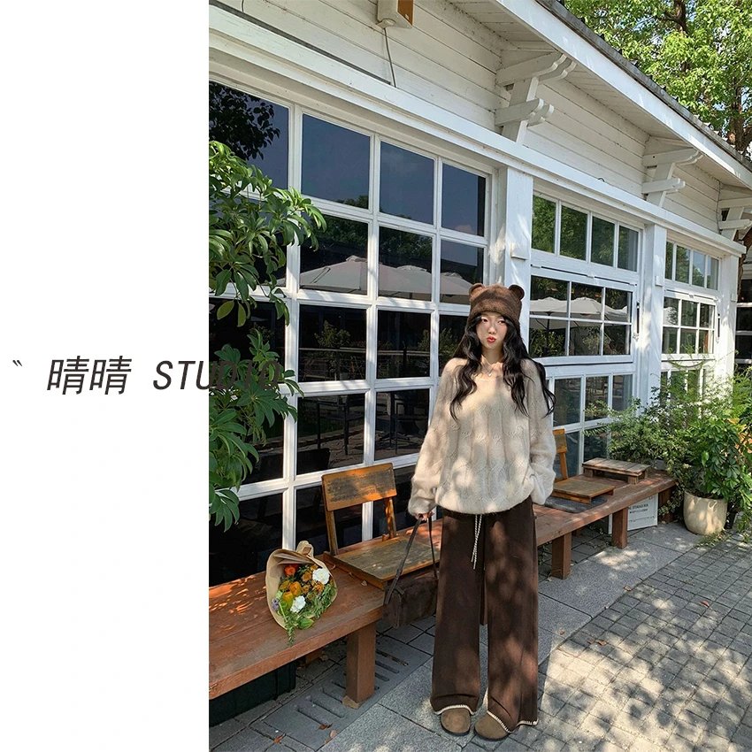 晴晴家-「糯米裤」25年冬韩系慵懒感条纹百搭裤脚花边阔腿裤2256