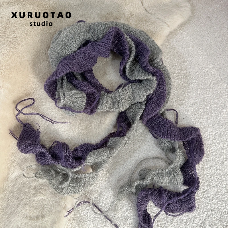 XURUOTAO 【紫藤花】灰紫色螺旋编织长款丝巾T5054