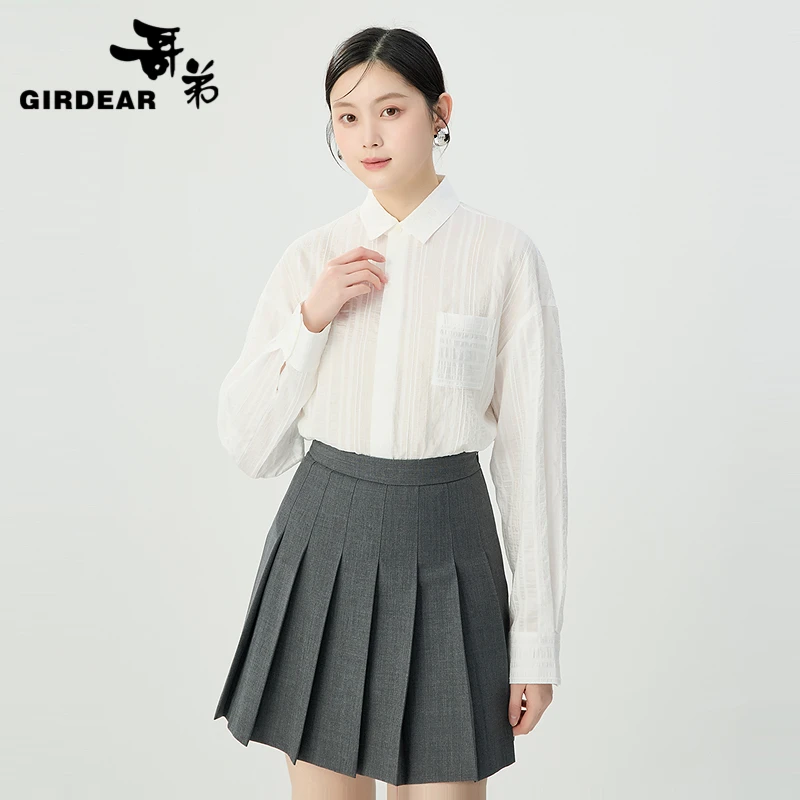 GIRDEAR/哥弟时尚经典气质优雅百搭白月光布匹印花衬衫女-1300989