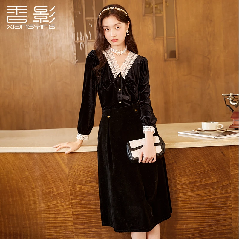 【陈大可】C834042衬衫 香影v领丝绒衬衫女2024秋冬新款复古高级