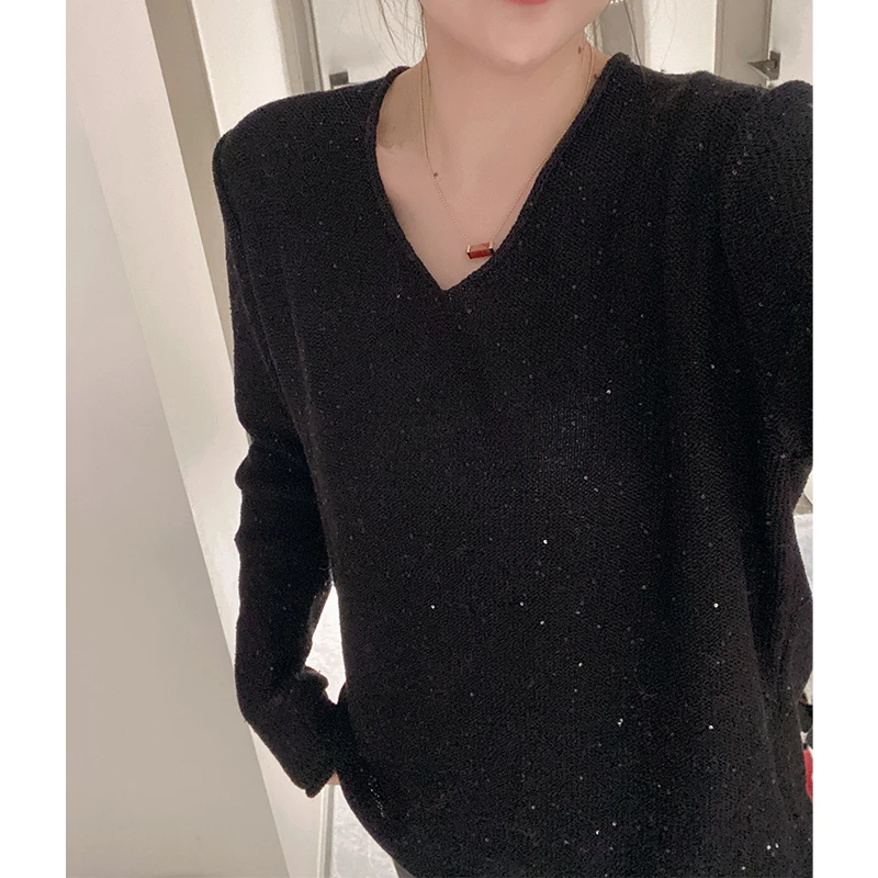 早春新款V领星空亮片针织衫女宽松慵懒风长袖上衣-886