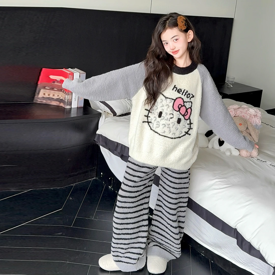 女童双面绒家居服套装2025新款中大儿童公主秋冬长袖法兰绒两件套