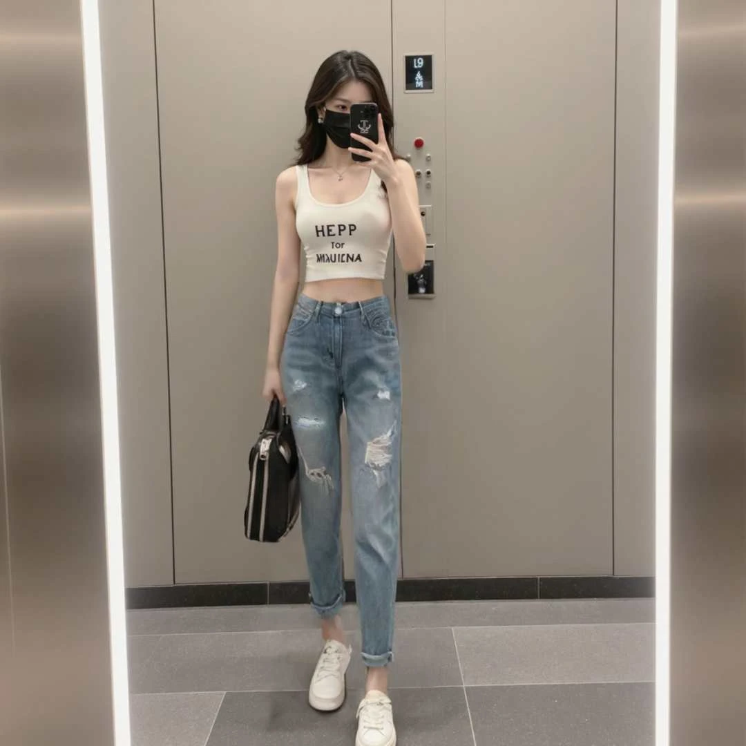 2025夏季爆款破洞复古女高腰宽松显瘦修身九分百搭牛仔裤直筒