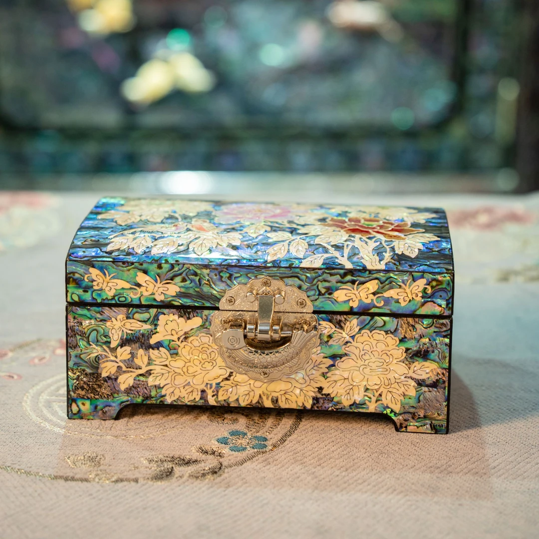 花香鹊语黑金鲍螺钿漆器首饰盒高档结婚礼物新婚陪嫁礼品