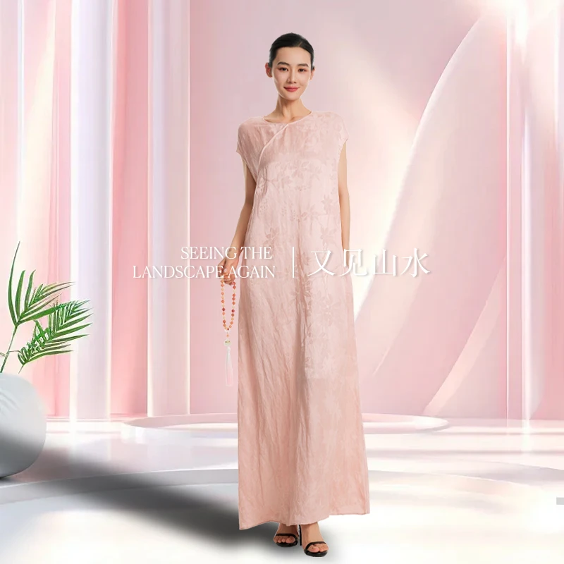 【又见山水】新中式人丝亚麻国风连衣裙夏季中国风优雅汉服CY027