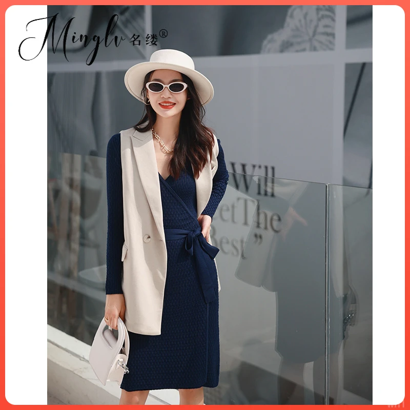 女修身气质裙子长袖针织连衣裙女装2025裹身名缕洋装高端秋季女装