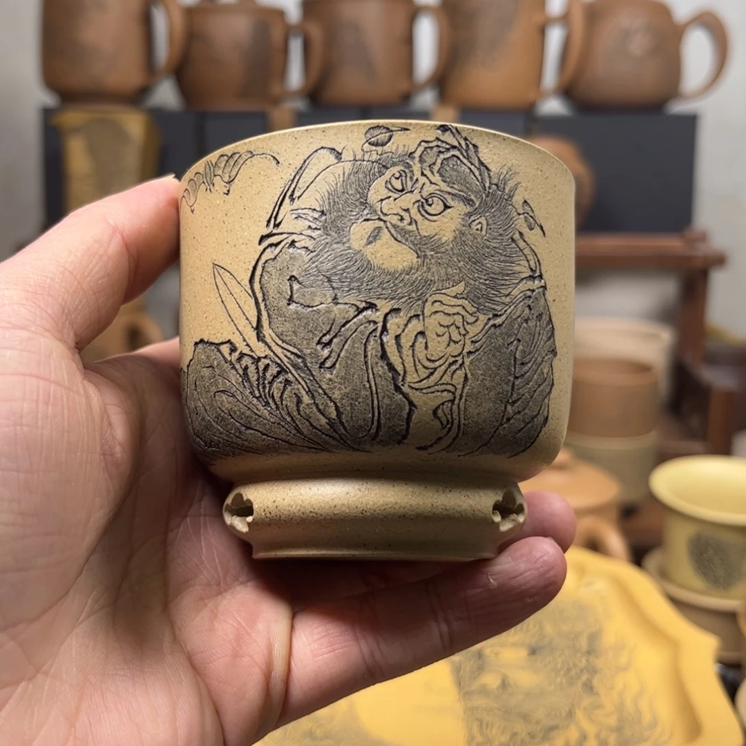 紫砂杯子雕**魂微瑕疵无锦盒钟馗刻绘紫砂主人杯