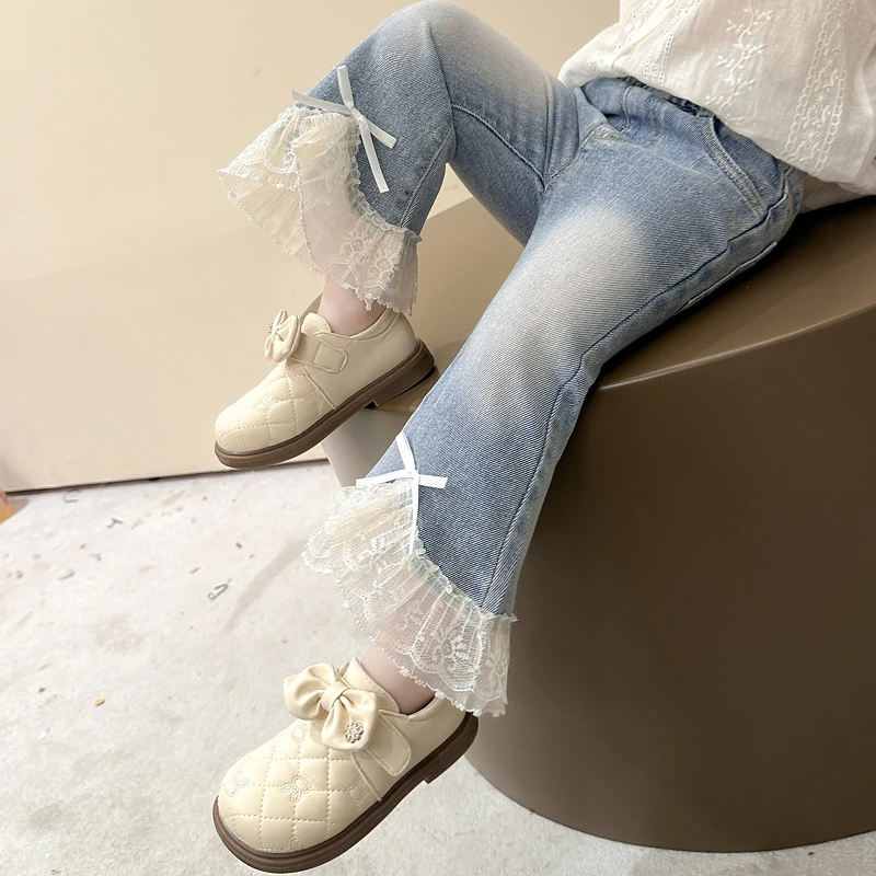 【思晨家】女童花边牛仔裤春秋款2025春季新款时尚小女孩洋气喇叭裤