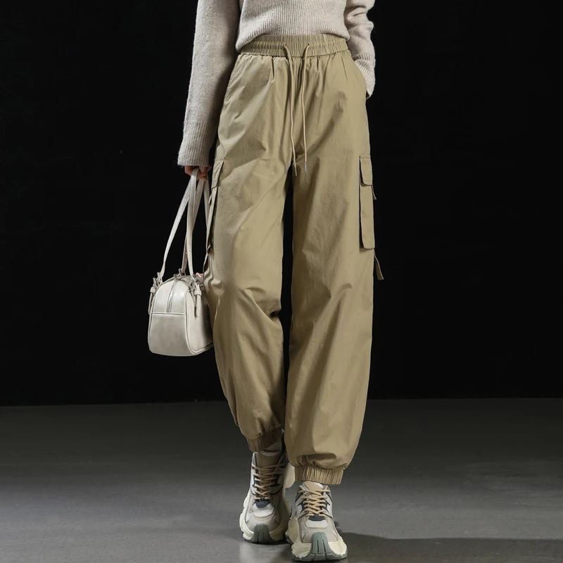 多口袋白鸭绒工装羽绒裤女冬季新款小个子宽松束脚直筒裤保暖棉裤