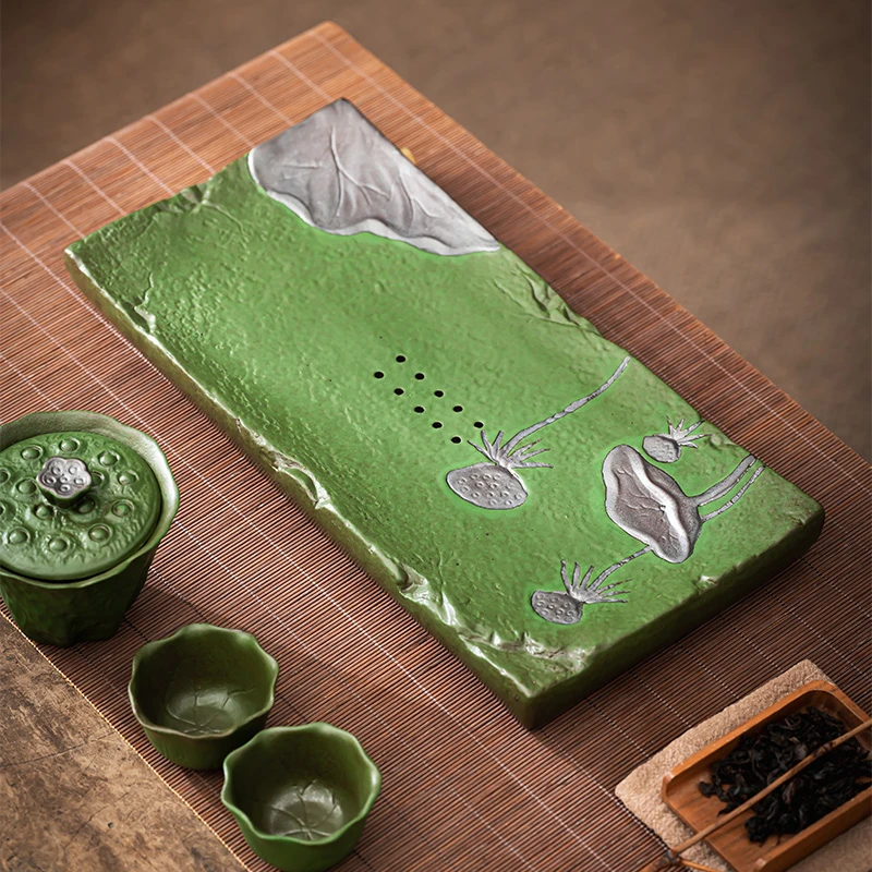 复古家用陶瓷干泡台茶盘干泡两用绿色轻奢长条方形品香竹青长方盘