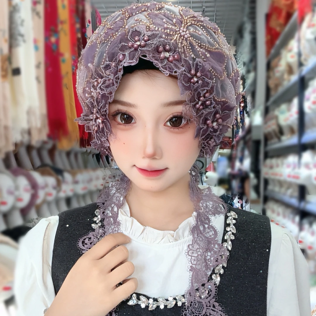 花环披肩款·双层飘带重工串珠蕾丝流苏包头帽新娘复古气质百搭