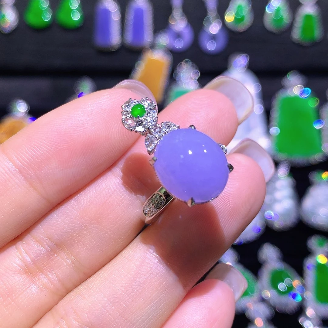 翡翠18K金镶嵌戒指高冰紫罗兰吊坠戒指两用