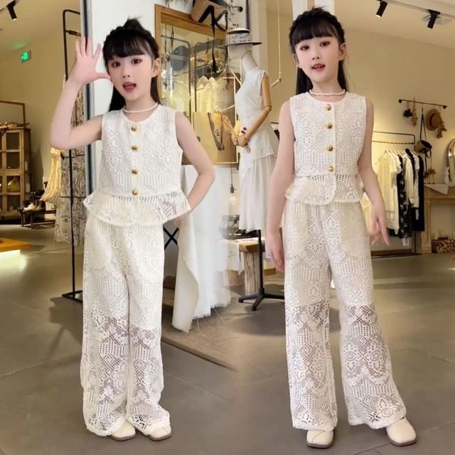 女大童女孩夏季套装韩系蕾丝镂空两件套超好看12岁穿的服装女装女