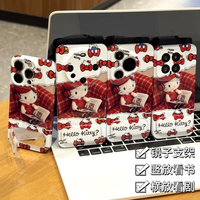 沙发凯蒂镜子支架适用苹果16华为P70vivoppo小米菲林手机防摔壳