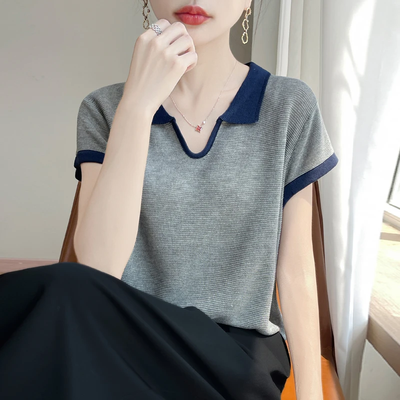夏季新款薄款V领撞色纯色翻领时尚百搭针织上衣天丝苎麻显瘦宽松