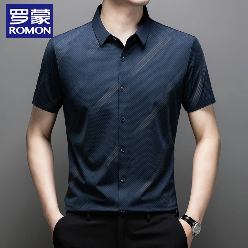 罗蒙夏季薄款冰丝速干短袖衬衫男商务休闲斜条纹抗皱免烫无痕衬衣