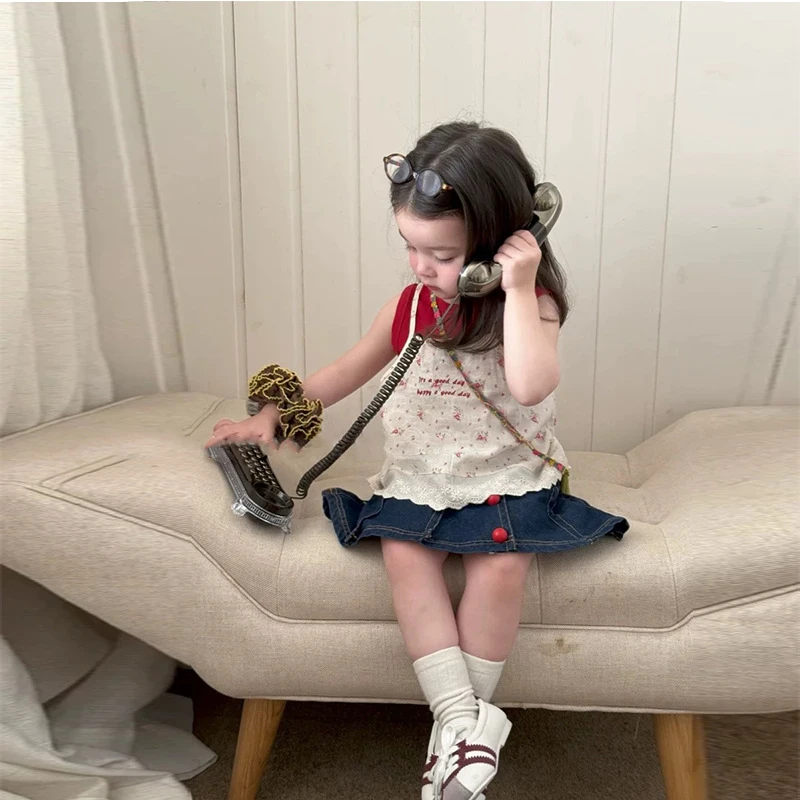 女童套装2025夏季新款儿童韩版碎花吊带背心内搭女宝宝短裙三件套