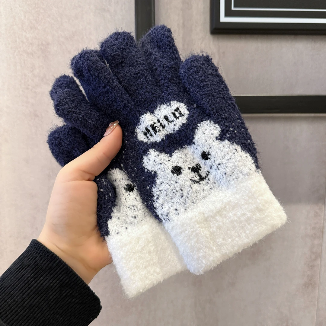 新款可触屏可爱毛绒小狗毛线针织手套女秋冬季卡通甜美保暖加厚款