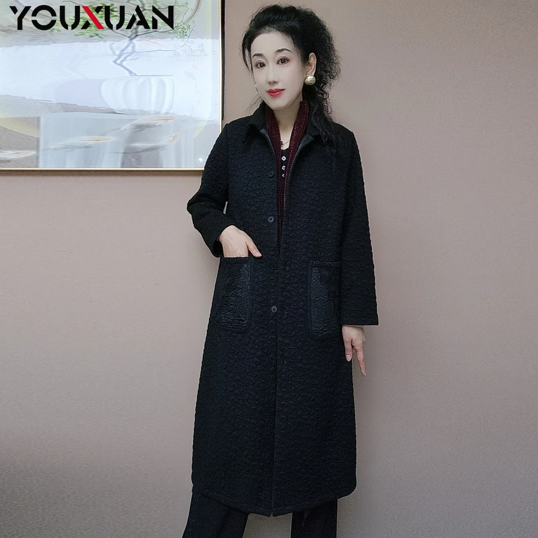 【加绒】新品百搭韩版长款时尚休闲宽松长袖翻领女士大衣外套8831