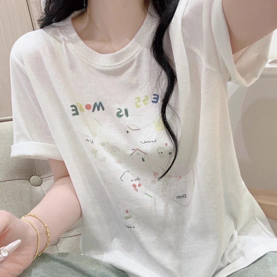BAFENXING雪花棉短袖印花圆领女夏季宽松大码T恤薄款韩版洋气上衣