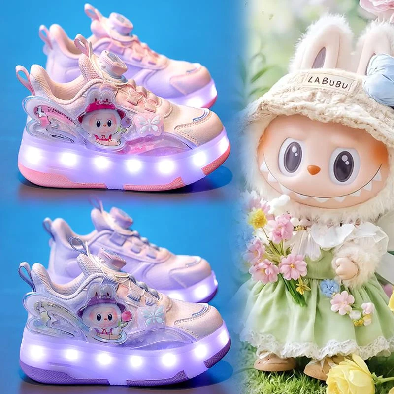 拉布布儿童暴走鞋女童四轮可收秋款运动轮滑鞋公主隐形发光溜冰鞋