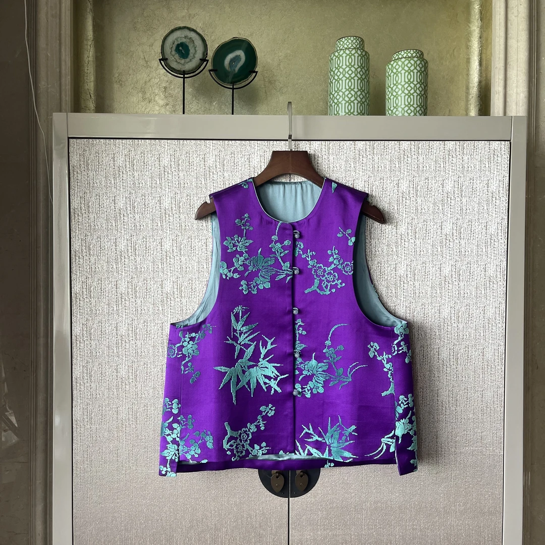 【青霜紫露】桑蚕丝圆领马甲中式无袖时尚百搭绣花时尚女士复古休闲