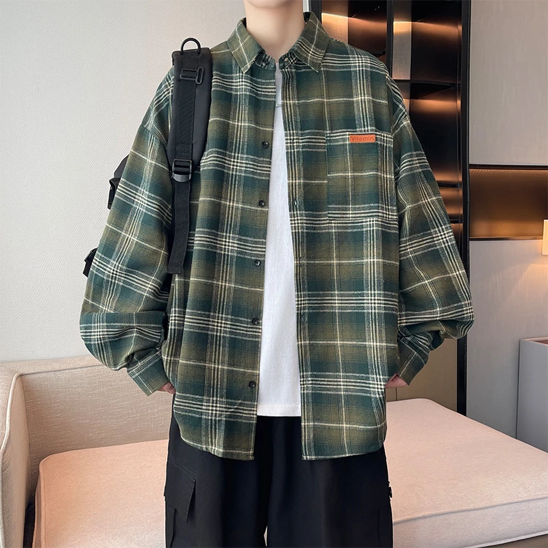 格子长袖衬衫男2025春秋季新款潮牌时尚休闲上衣宽松百搭衬衣外套