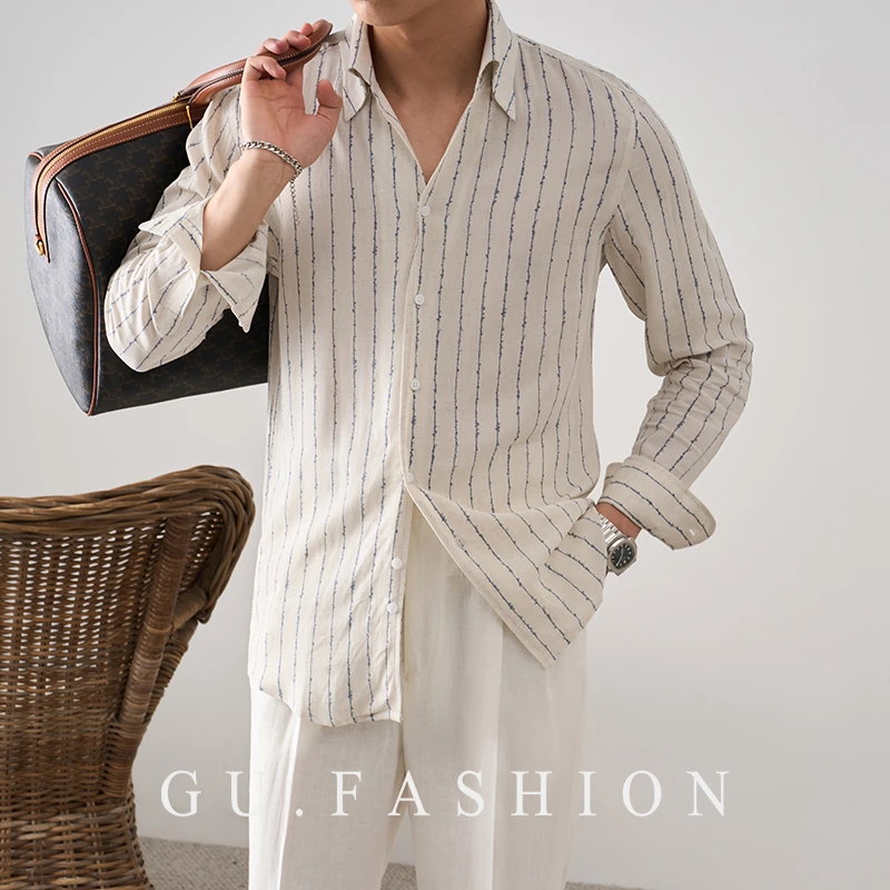 GU FASHION意大利优雅一片领亚麻长袖衬衫男绅士提花条纹休闲衬衣