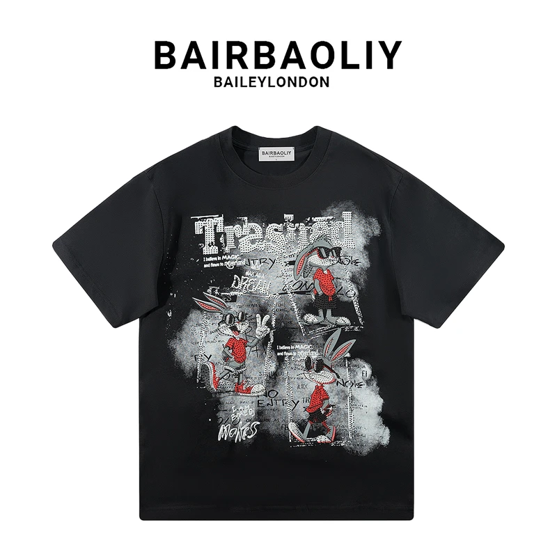 BAIRBAOLIY潮酷兔子卡通闪钻短袖T恤男女同款纯棉宽松街拍潮牌