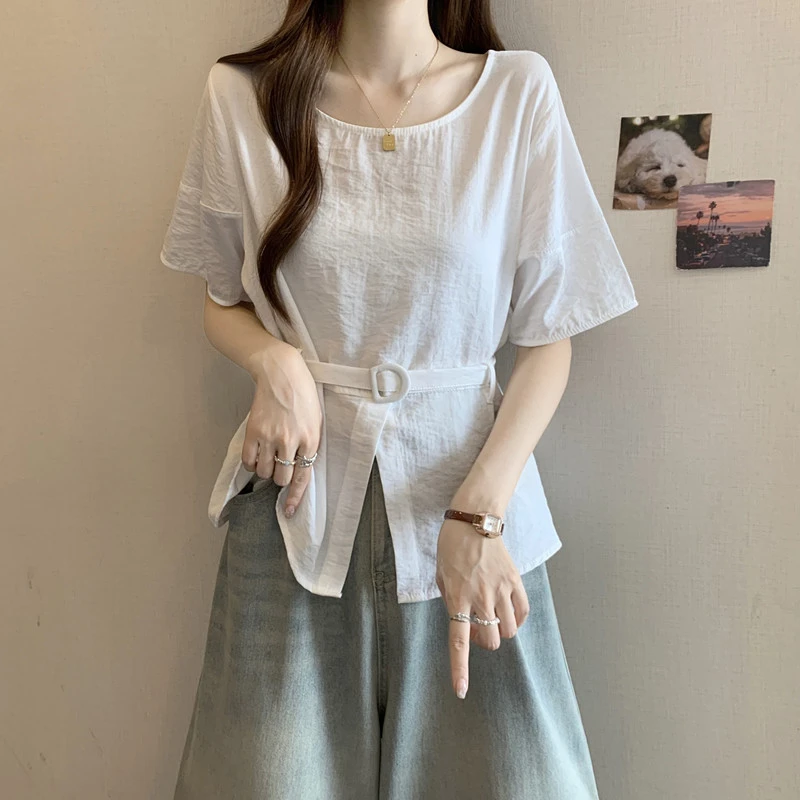 2025夏新款圆领短袖衬衫大码女装胖mm收腰遮肚系带薄款高级感上衣