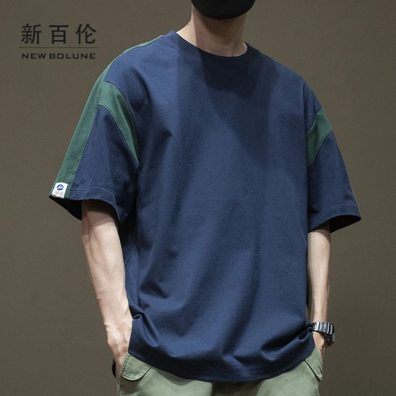 新百伦夏季新款日系拼接撞色圆领纯棉男士短袖t恤宽松上衣男