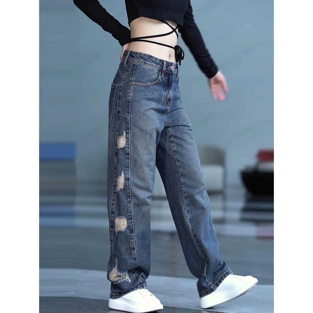 美式高街覆古牛仔裤男痞帅做旧vintage宽松阔腿裤个性小众直筒裤