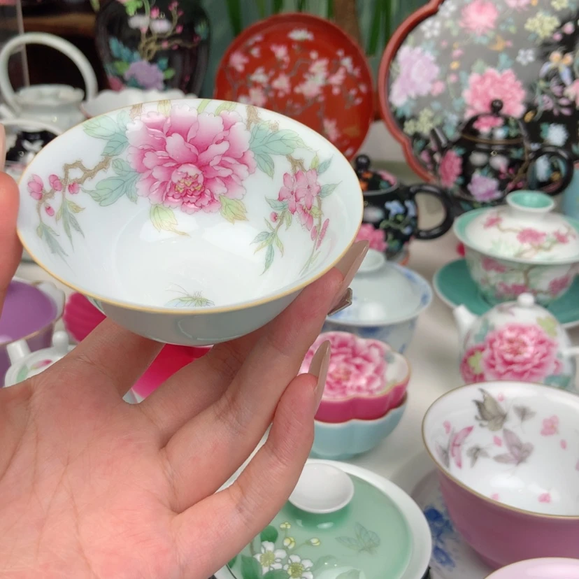 【闪购商品】栗*@景德镇手绘牡丹内涵撇口杯
