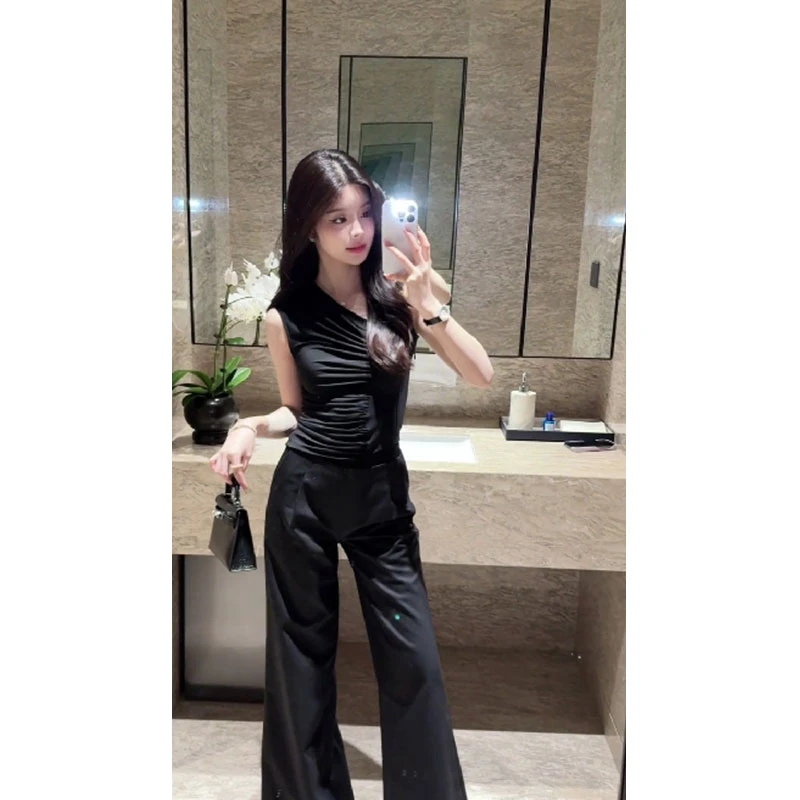 2025夏季新款时尚百搭修身上衣女配高腰宽松设计感垂感休闲西裤