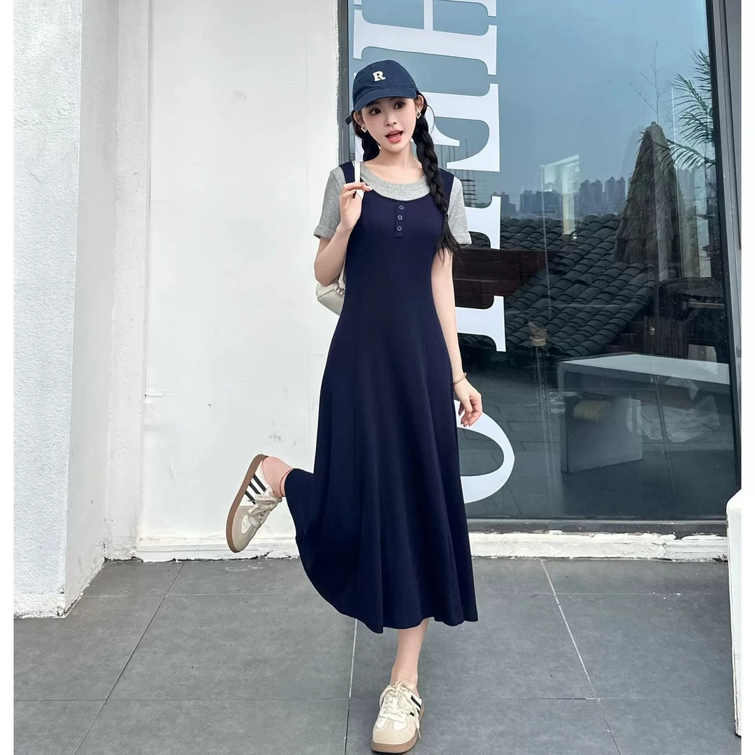 042夏款时尚气质短袖连衣裙女显瘦百搭洋气撞色假两件休闲长裙子