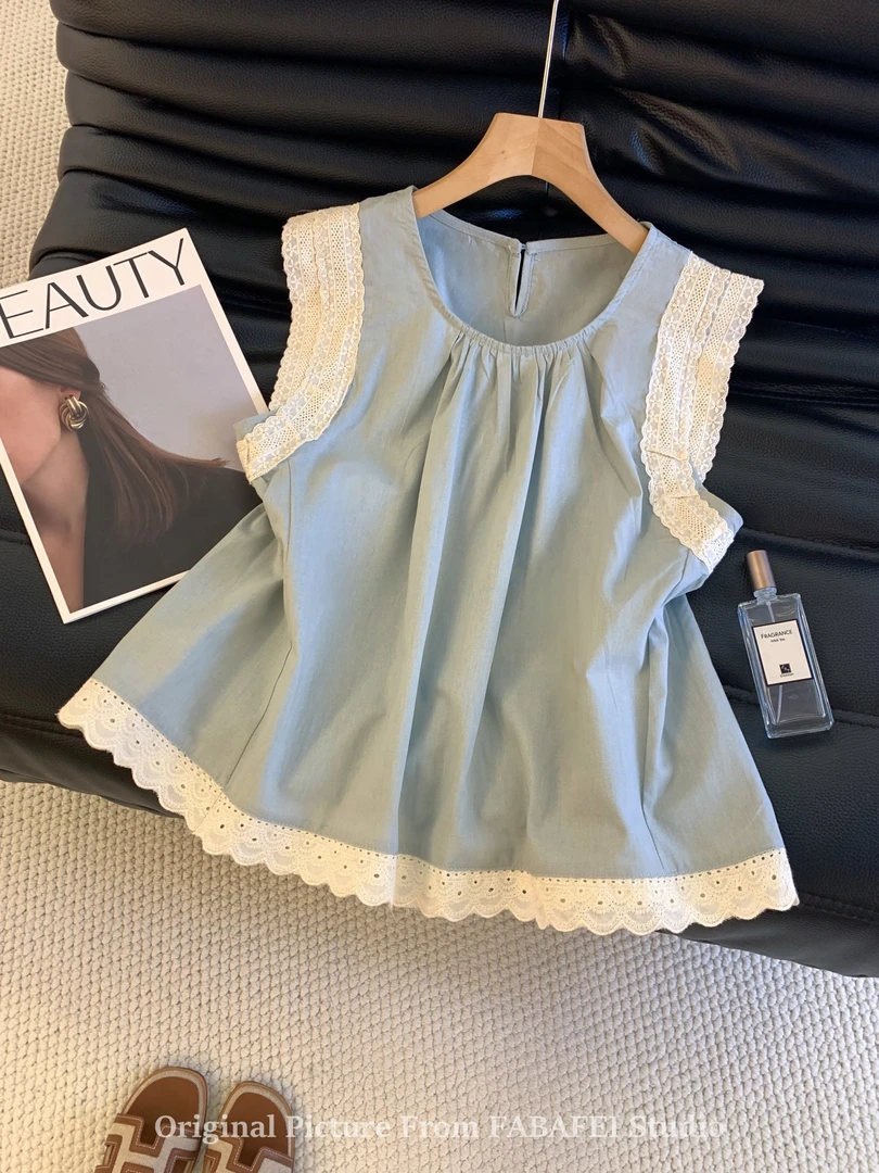 2025小清新蕾丝花边背心衬衫女夏季新款显瘦遮肚子娃娃衫法式上衣
