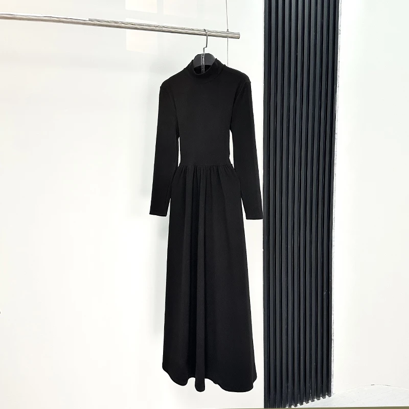 黑色裙子烟管领秋冬半高领时尚高腰显瘦纯色连衣裙长款长裙收腰