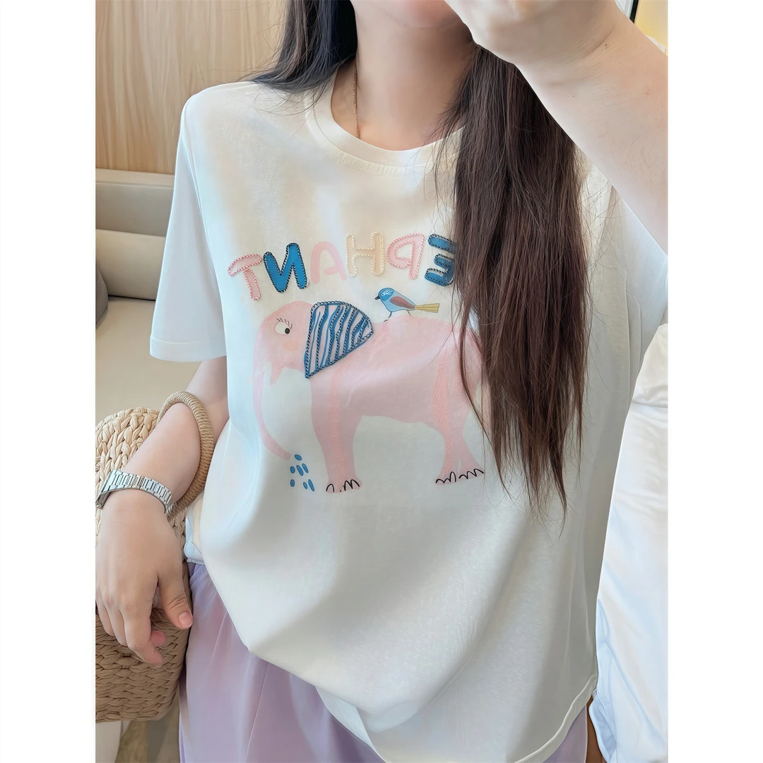 蓝莓绮梦 /重工立体绣莱赛尔雪花棉短袖T 14816花契大码200斤胖mm