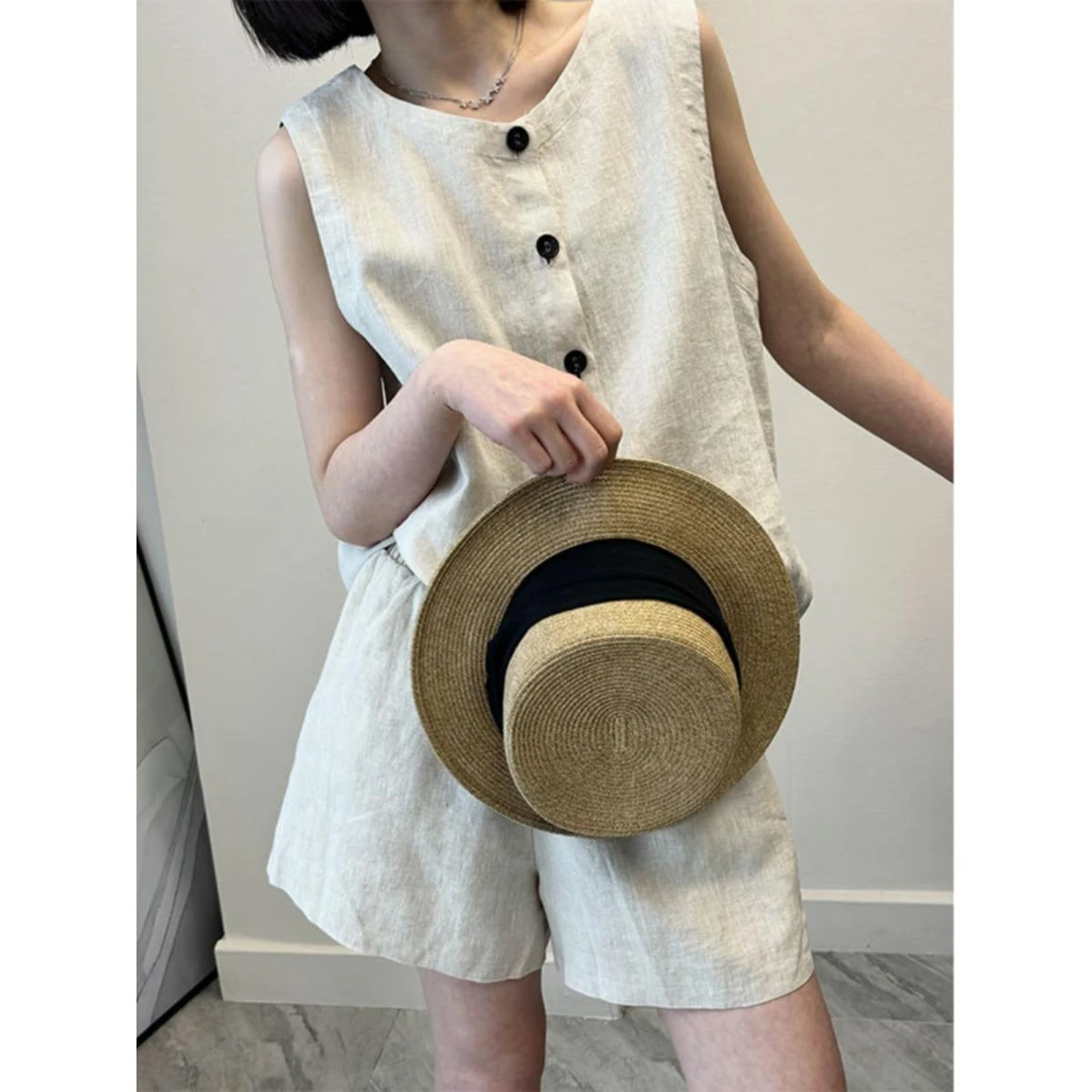 2025新款亚麻套装女夏季高端无袖马甲背心上衣休闲短裤棉麻两件套