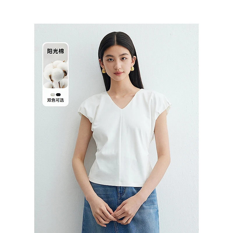 迪赛尼斯夏季通勤气质优雅小飞袖上衣百搭纯色V领T恤女