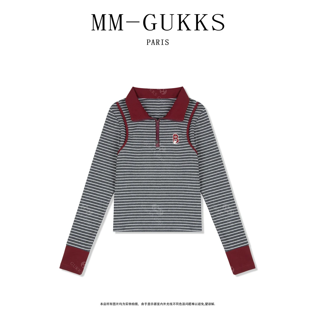 明明GUKKS『知音』秋季洋气减龄条纹长袖打底衫撞色半开领上衣