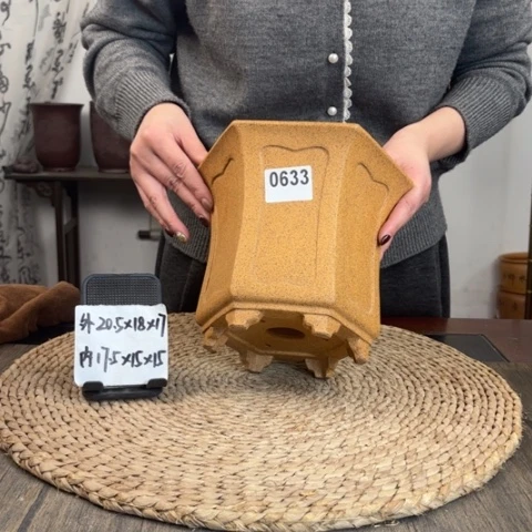 紫砂花盆柴烧束腰奎面六方0633