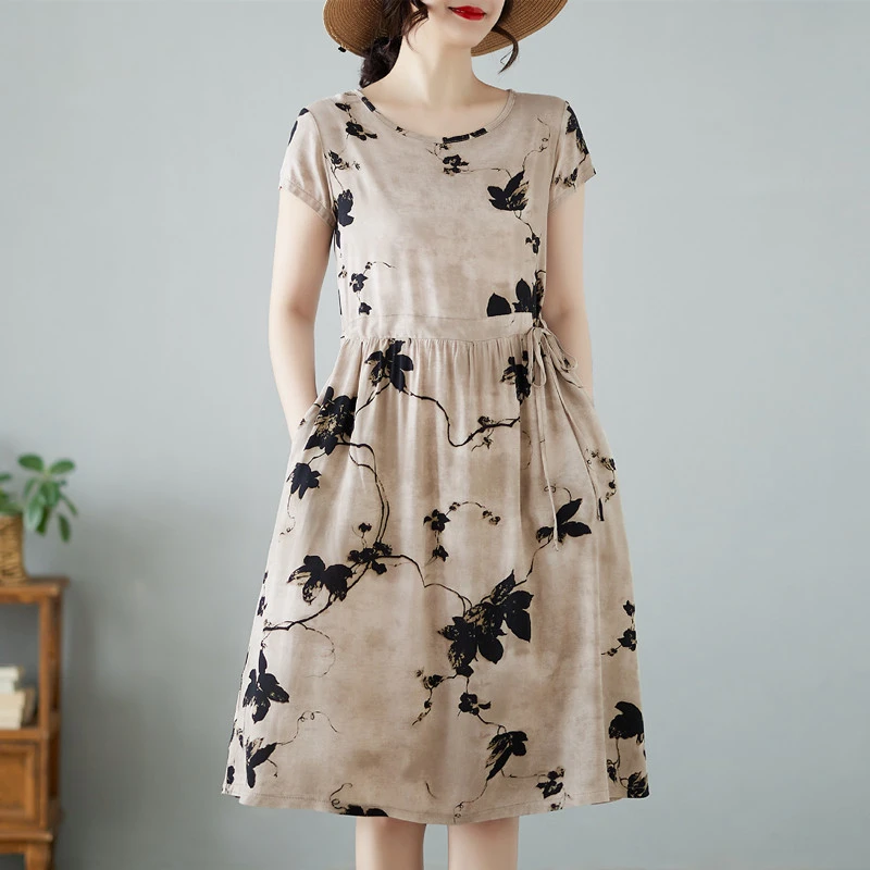 棉绸短袖连衣裙女夏新款洋时尚印花宽松遮肚显瘦过膝中长款裙子