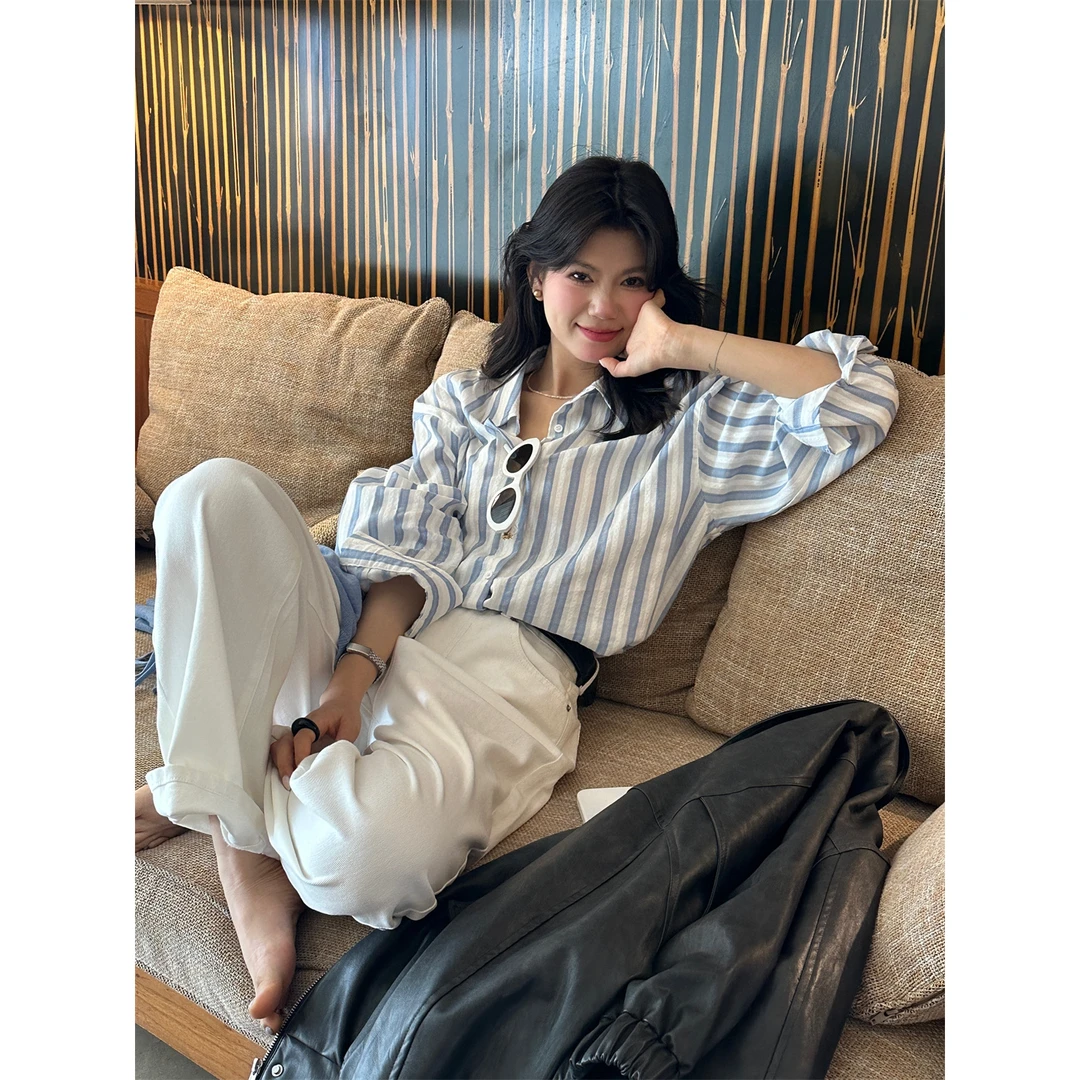 美树【柠檬绿茶】韩系带着晴天味道的蓝白条纹衬衫YS1-8206#